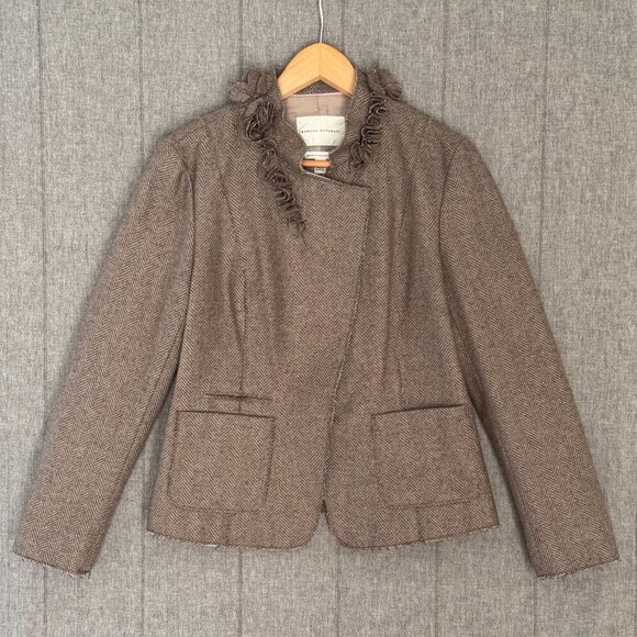 Banana Republic Taupe Ivory Wool Blend Herringbone Tweed 3D Floral Blazer 12 P - Picture 1 of 16